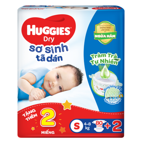 Tã dán sơ sinh Huggies Dry (S, 4-8kg, 80 miếng) + 2 miếng